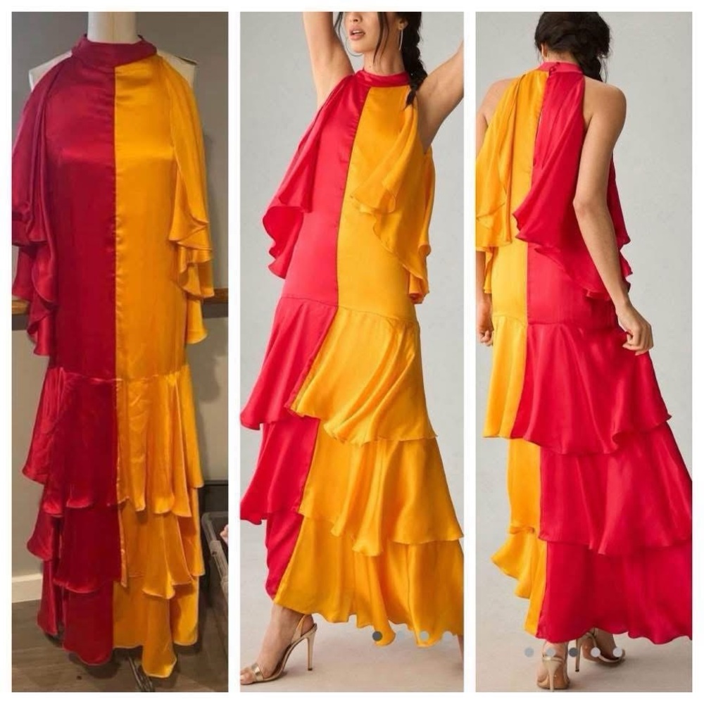 Anthropologie Pinnacle by Shruti Ruffle Satin Maxi Dress